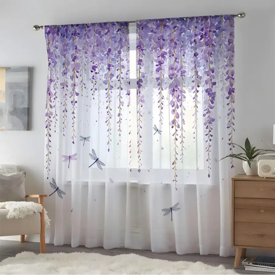 2PCS Digital Print Sheer Curtain, Purple Flowers and Dragonflies Dream Pattern, Dreamy Mysterious Fairyland Nature Fantasy Decor