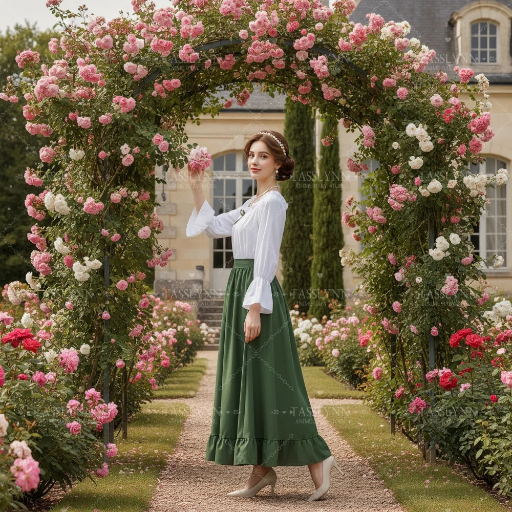 Women European Renaissance Peasant Outfit, Flare Sleeve Frill Hem Maxi Skirt Cottagecore Daily Cosplay Costume view 5