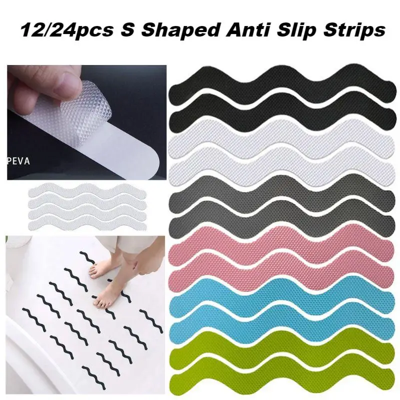 12/24pcs Anti Slip Strips For Shower S Shaped Bathroom Non Slip Stickers Bathtub Self-Adhesive Safety Strips Waterproof Tapes