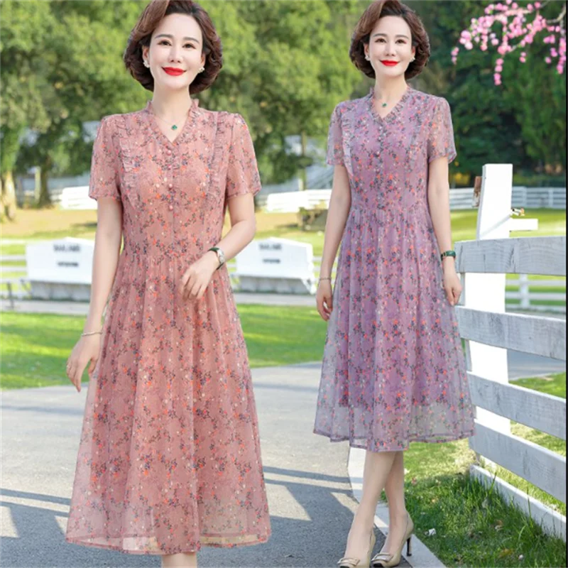 중년 여성 V 칼라 캐주얼 쉬폰 반팔 드레스, 여성 비치 드레스, 미디 드레스