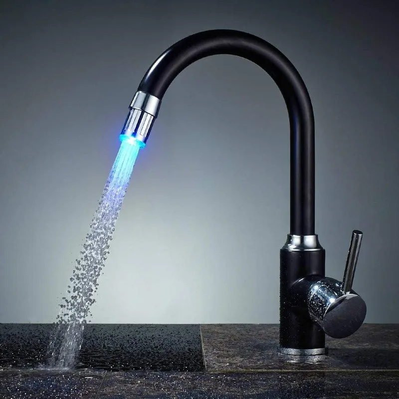 Brass Black Led Light Tap Bathroom Kitchen Faucets Swivel Sink Temperature Sensor Color Led Hot and Cold Mixer Tap