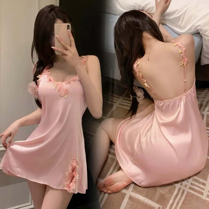 

Sexy Pink Satin Nightgown with Floral Lace Embellishments Spaghetti Strap Backless Sleep Dress Elegant Sheer Lingerie Nightwear