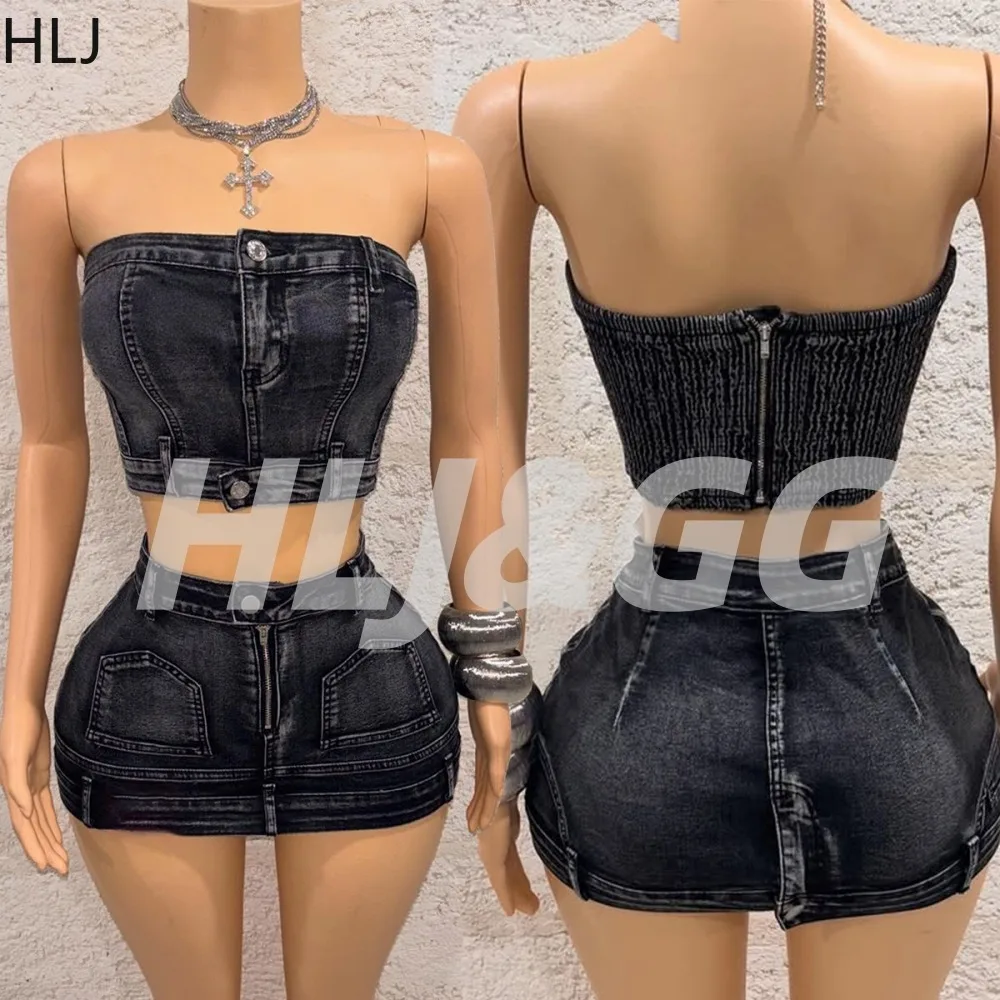 

HLJ Retro Fashion Denim 2 Pieces Set for Woman Solid Color Sleeveless Backless Tube Top and Skirt Female Streetwear Clothing New