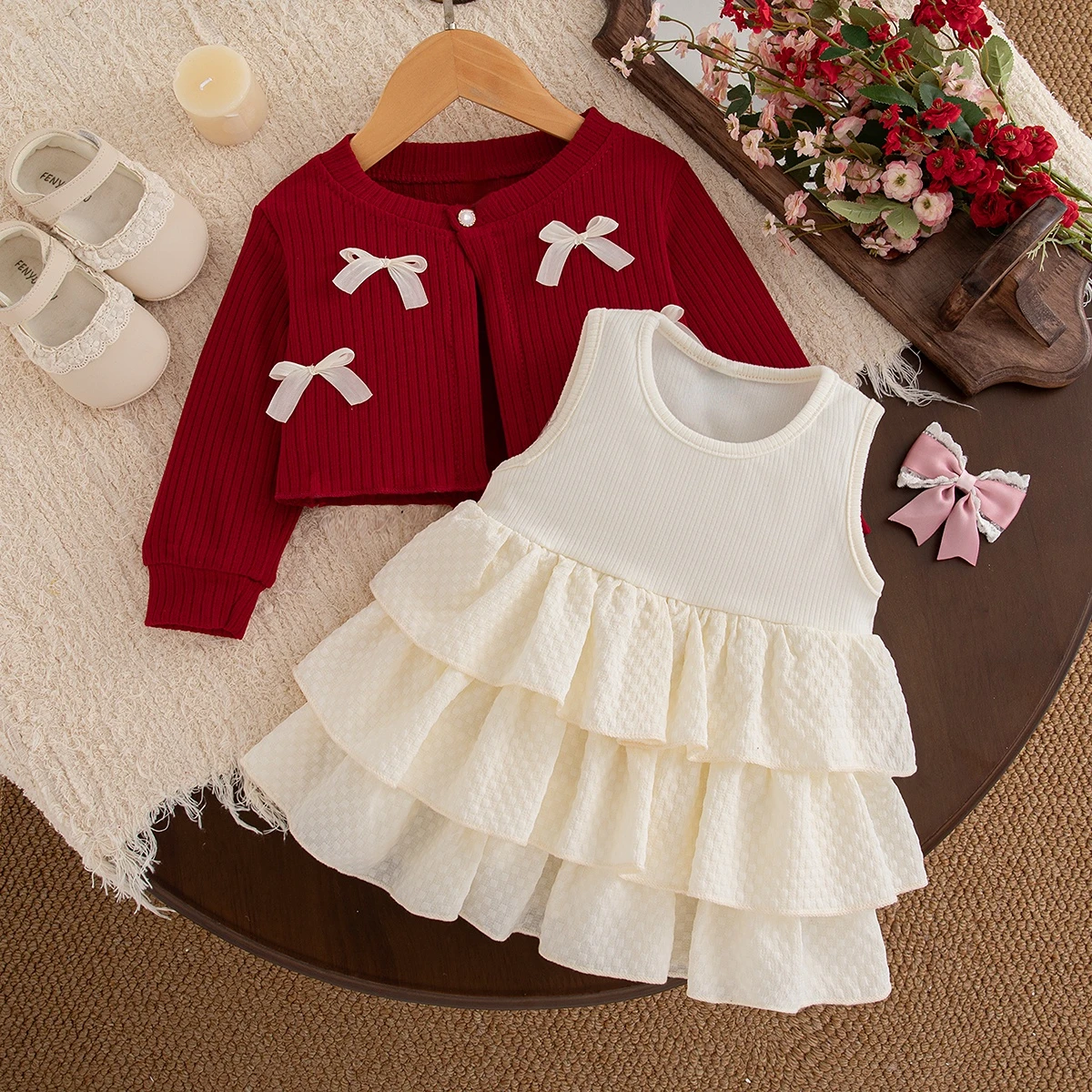 Baby Girl Clothes Set Bow Knit Red Cardigan with Sleeveless Layered Dress 2 Piece Girls Princess Outfit for Christmas Party