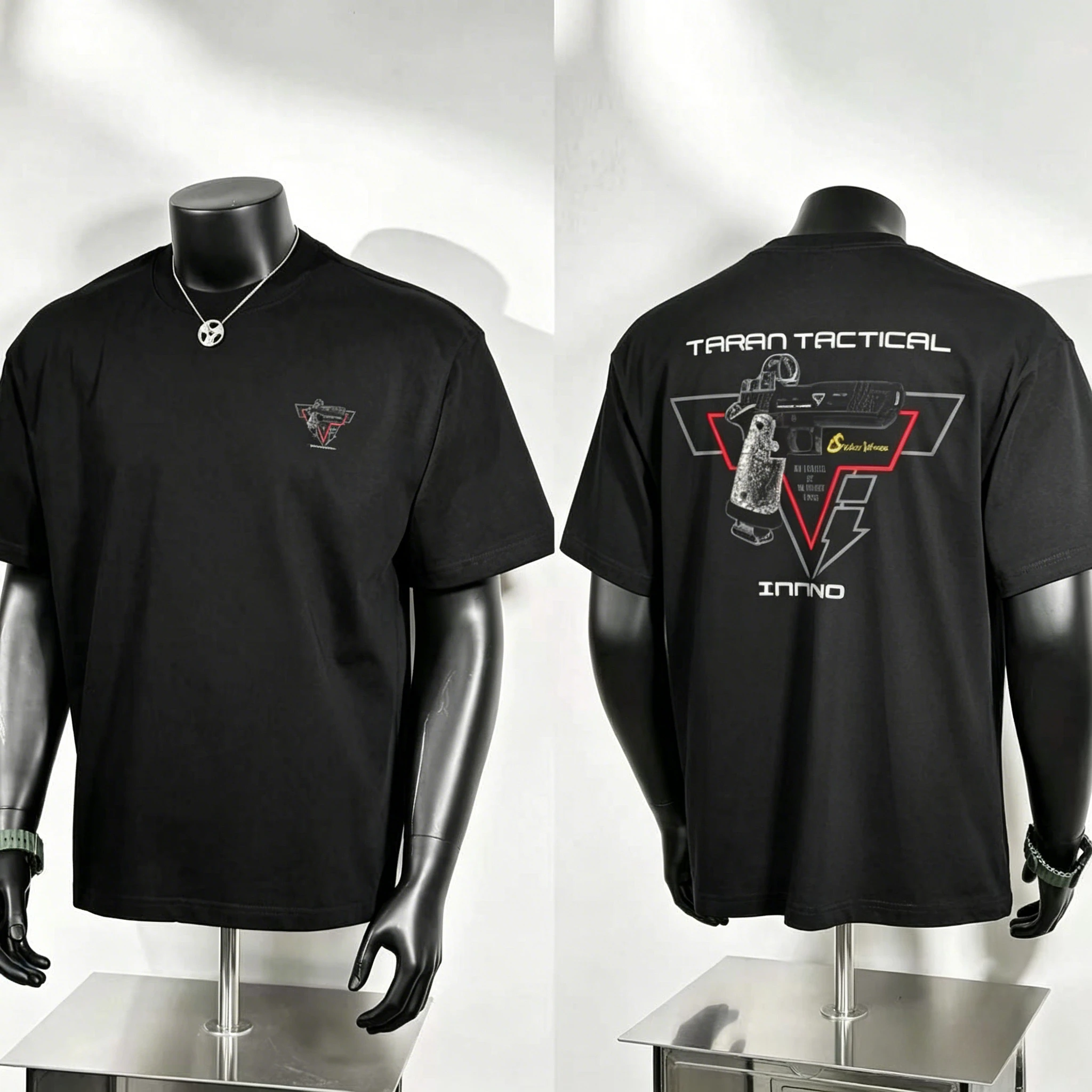 Firearm Enthusiast Graphic T Shirt, Taran Tactical Pistol and Red Black Geometric Frame Back Print, Rugged Tactical Street Tee