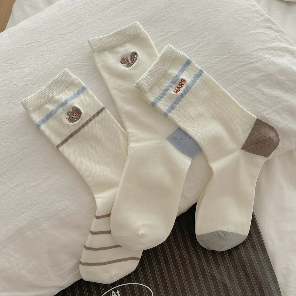 Cartoon Puppy Embroidery Cute Socks Women Korean Casual Striped Women Socks College Style Japanese Kawaii Medium Tube Socks Gift