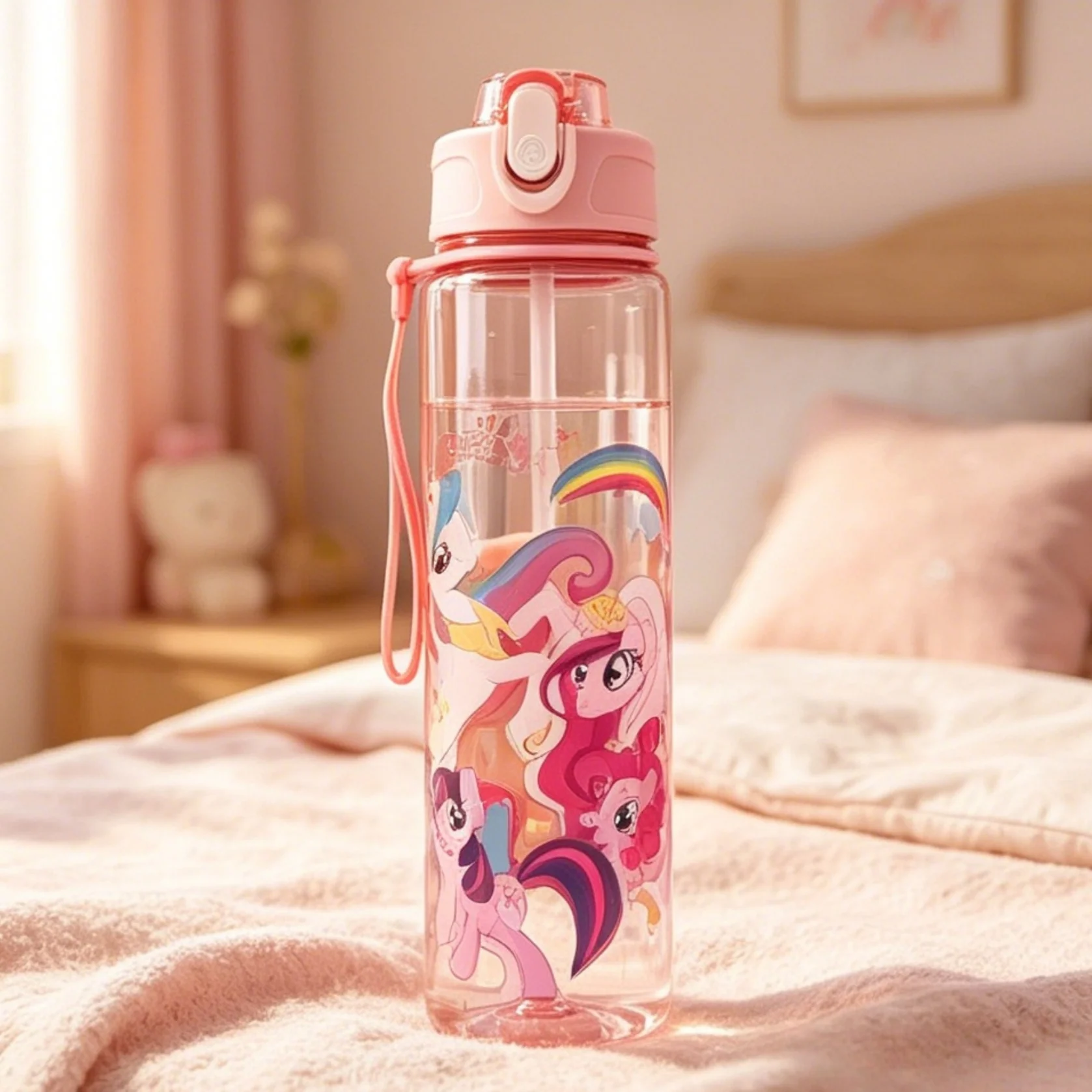Clear Cute Pony Cartoon Plastic Water Cup, High Quality Fade-Proof Leak Resistant Reusable Bottle, Light Portable for School