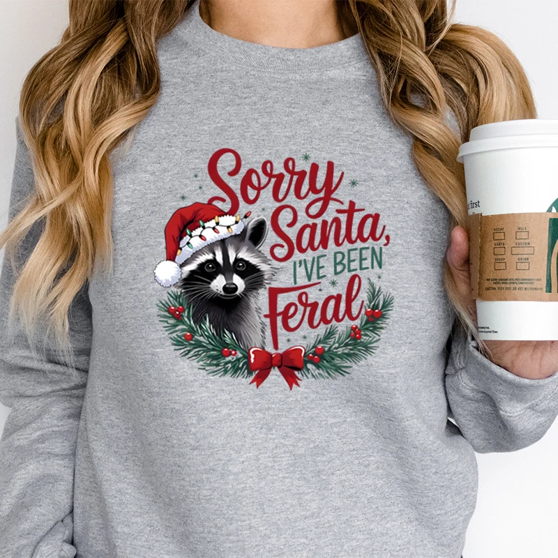 Funny Santa Raccoon Lover Gift Christmas Sweatshirts Women Retro Raccoon Feral Girl Sweater Sorry Santa I've Been Feral Hoodie