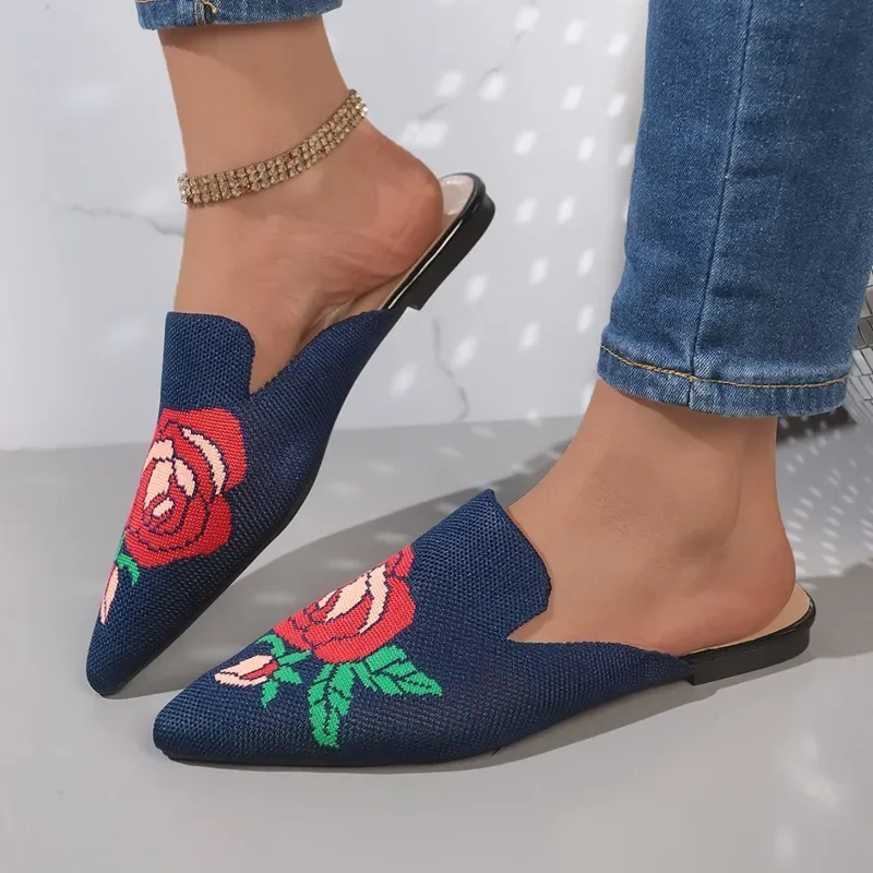 Woman Mules Shoes Outdoor Women Slippers Knit Pointed Toe Shallow Low-heel Casual Footwear Comfortable Skull Slides Embroidery