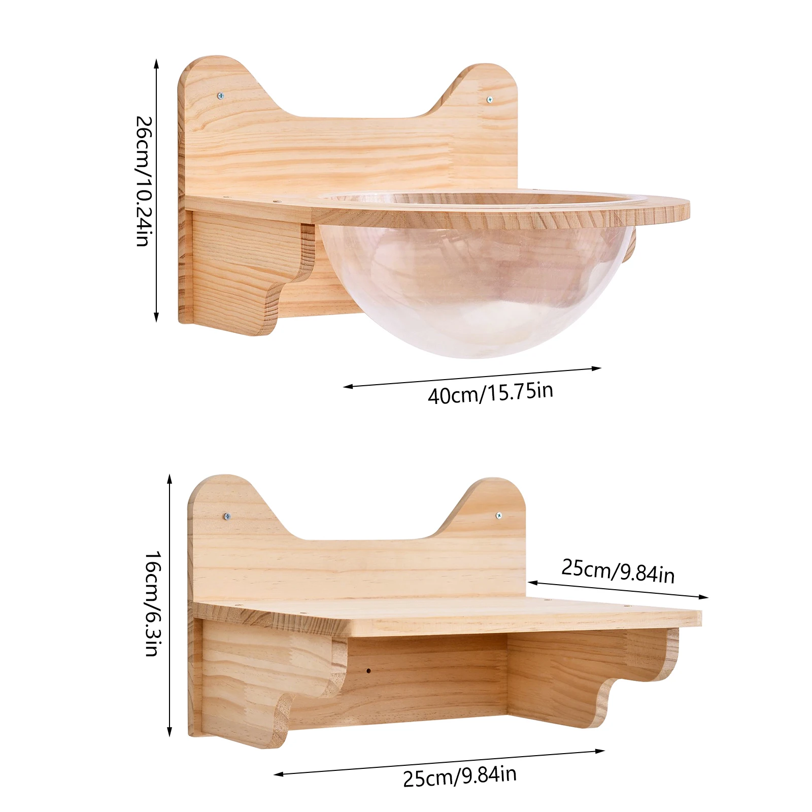 Zestaw łóżka dla kota do montażu na ścianie — sosna/akryl, 1 kapsuła dla kota + 2 platformy do skakania, udźwig 8 kg każda, kapsuła 40 cm dla kotów domowych