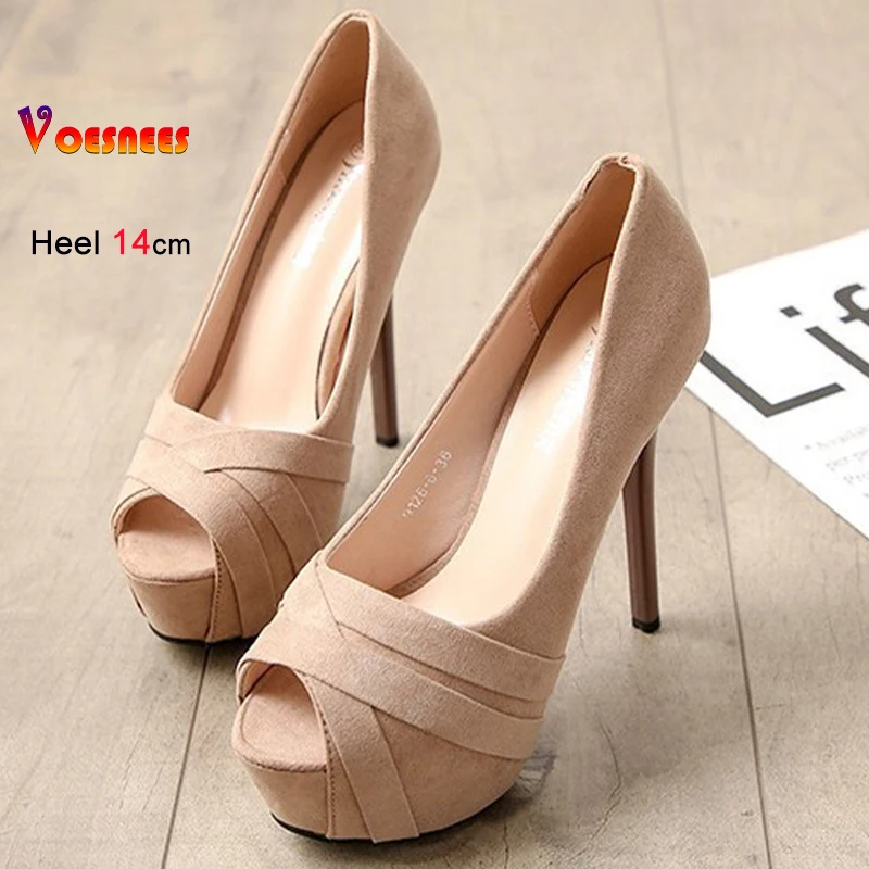 

2025 Sexy Apricot High Heels 14cm 12cm 10cm Platform Women Shoes Flock Thin Heels Round Toe Ladies Pumps Peep Toe Party Shoes