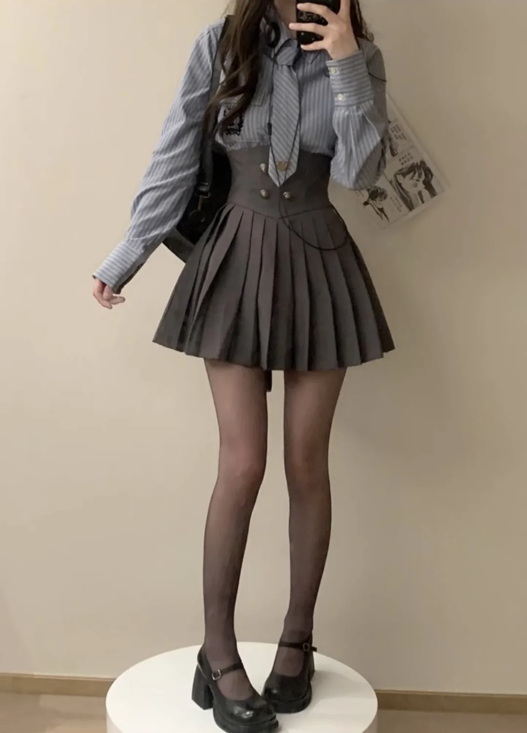 Spring 2024 Preppy Style American Uniform Set Girls Short Suit Coat Long Sleeve Striped Shirt Slim High Waist Pleated Skirt Grey