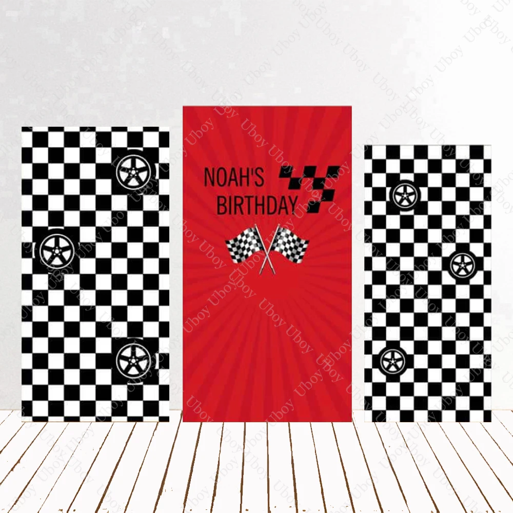 Boys Racing Theme Birthday Party Rectangular Backdrop Cover Tyres Black White Plaid Red Photo Background Customized