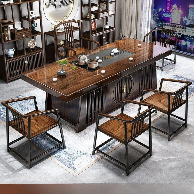 Combinación de mesa de té y silla de tablero grande de madera maciza, mesa de té y mesa de centro para oficina en casa, un juego completo