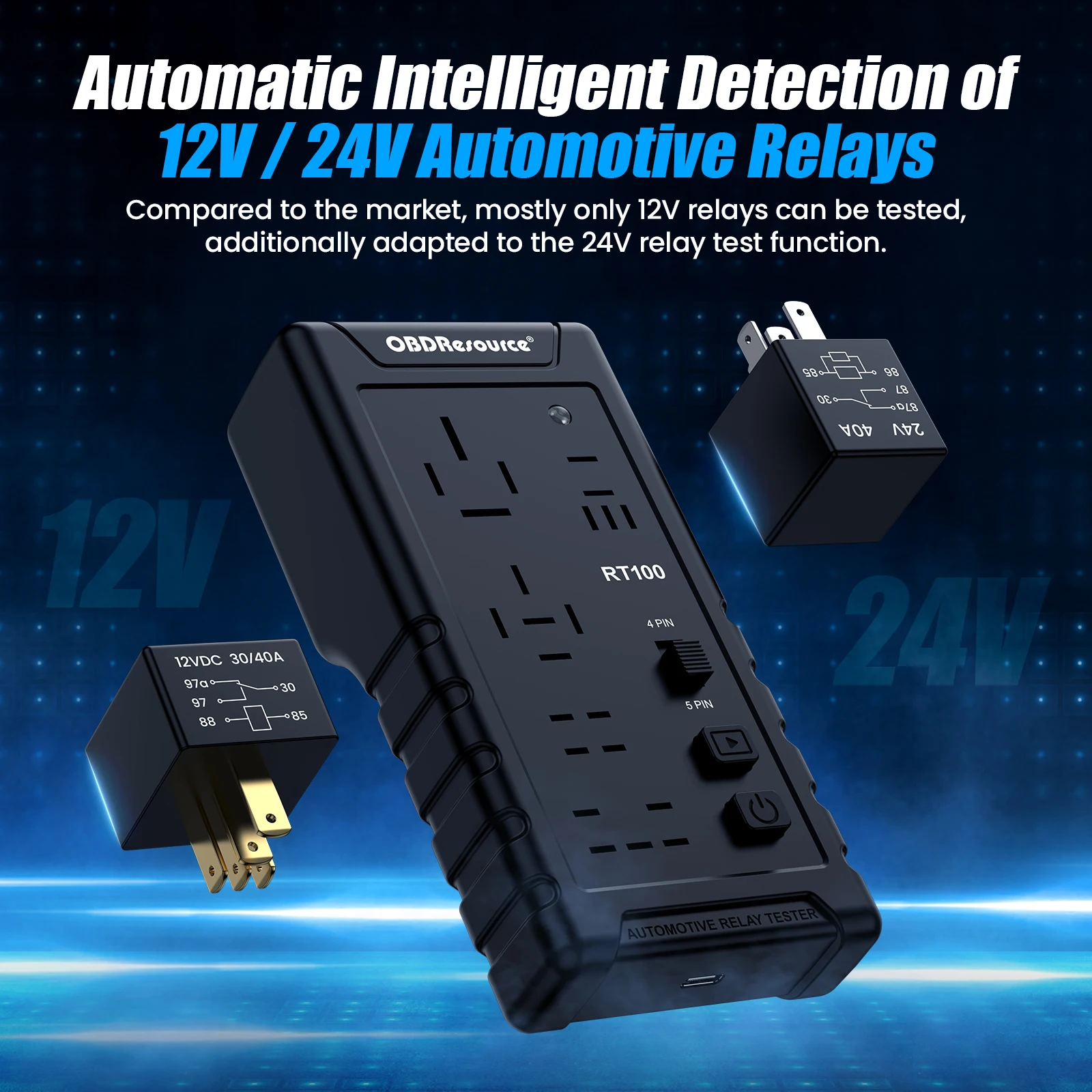 Automotive Relay Tester RT100 Compact Cordless Super 4Pin and 5Pin Relay Tester for 12 &24V Recognition Automatic Relay Tester