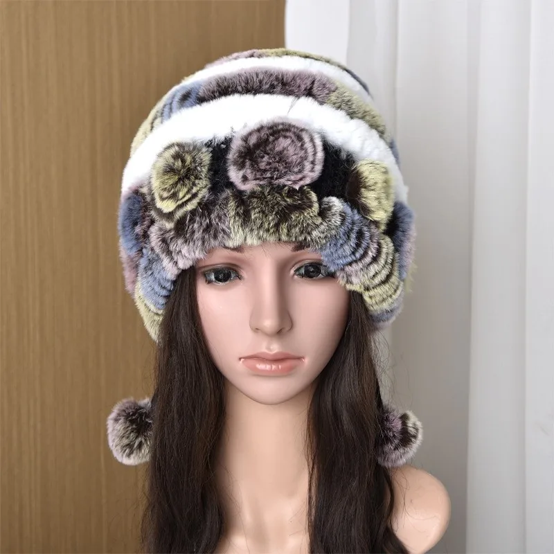 

Fashionable wool knitted hat women's ear flower thickened and denser pile-up fur real