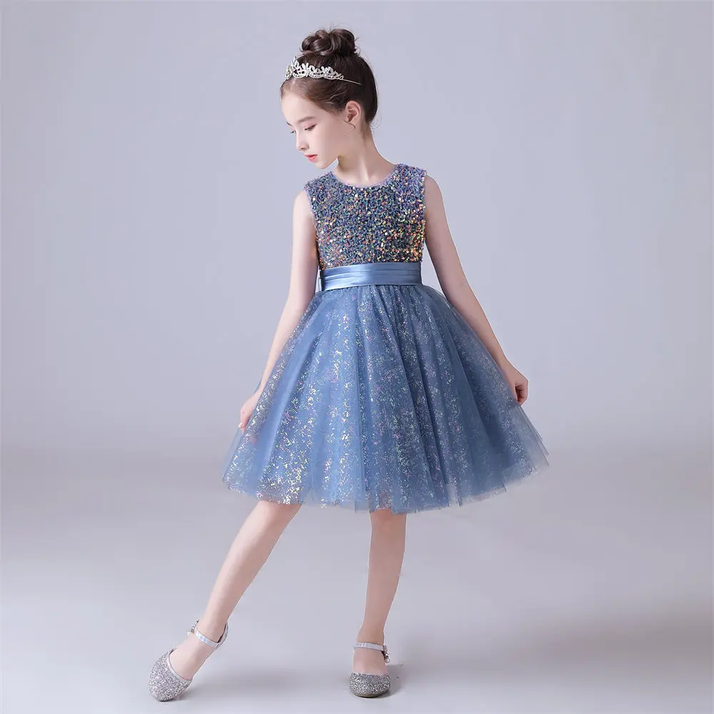 Robe bleue à col rond pour filles, avec nœud brillant, en tulle et paillettes, tenue de princesse formelle pour anniversaire