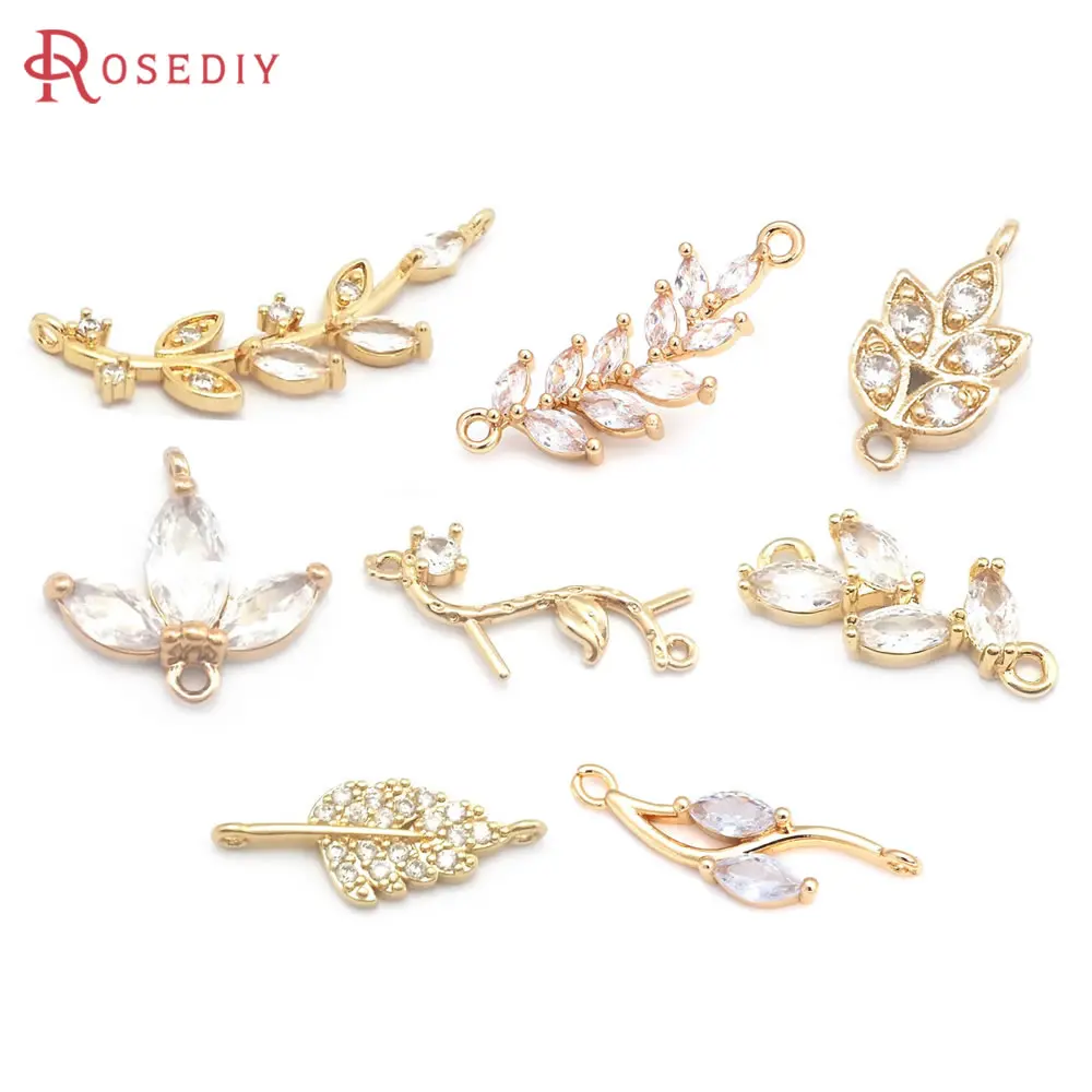 High Quality 18K Gold Color Brass Zircon 2 Holes Tree Leaf Leaves Connect Charms Pendants Jewelry Making Diy Accessories