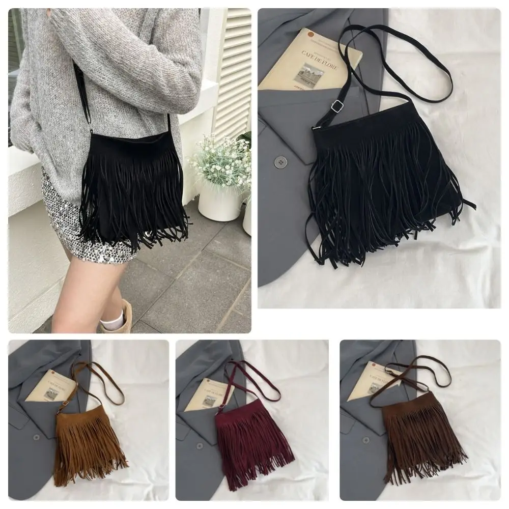 Fashion Suede Fringe Crossbody Bag Large Capacity Solid Color Shoulder Bag Boho Style Adjustable Shoulder Strap Bucket Bag Women view 5