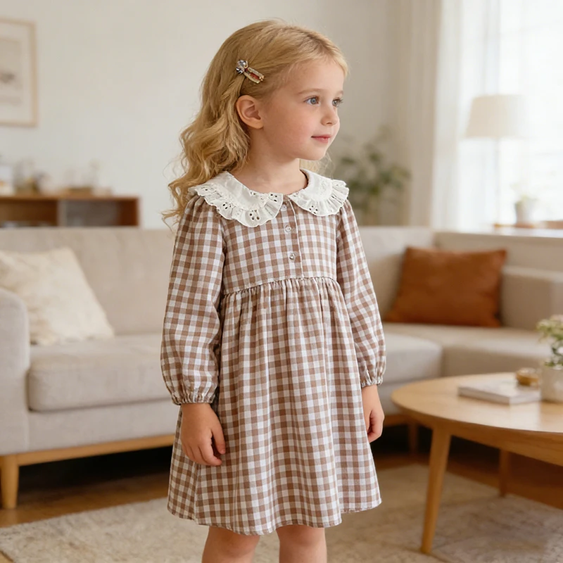 2026 neue Frühjahr Mädchen Kleidung Kinder Kleider Langarm Kleid Kinder Baby Mädchen Plaid Baumwolle Leinen Revers Kragen Nettes Kleid
