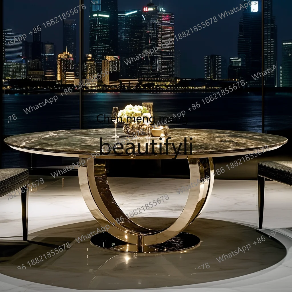 Luxury stone dining table Natural marble Italian high-end golden leg luminous jade double round table