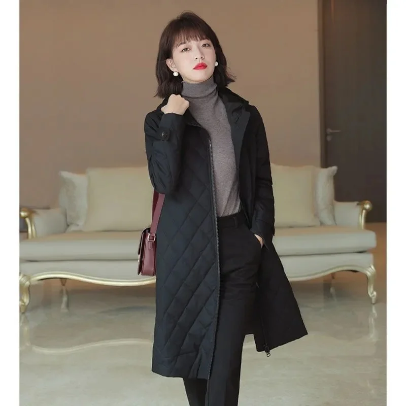 Abrigo elegante a cuadros con capucha para mujer, Parka larga, versátil, delgada, de algodón, Color sólido, a la moda, Otoño e Invierno