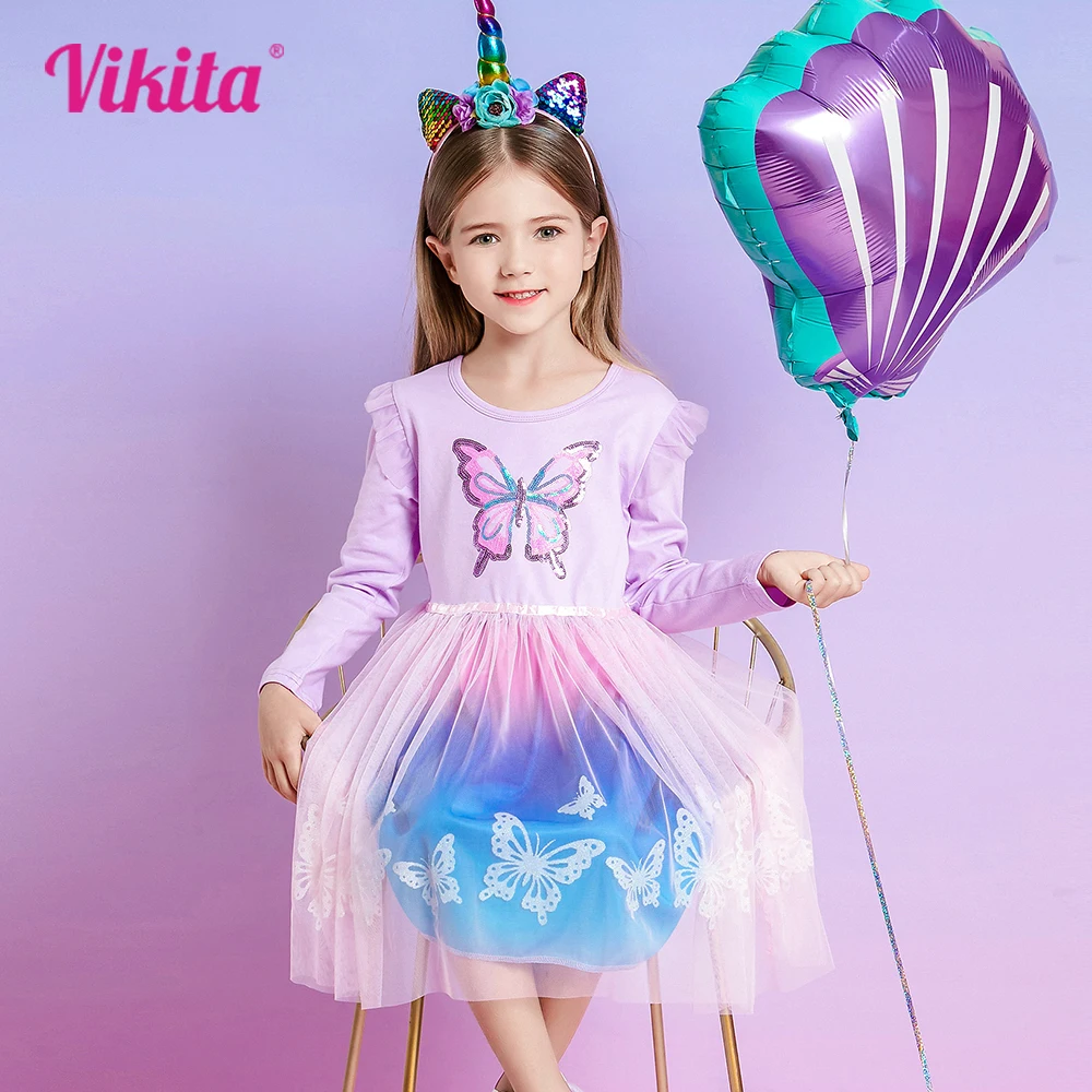 

VIKITA Infantil Vestidos Kids Butterfly Sequined Dress Girls Gradient Colorful Fairy Cute Elegant Princess Party Dress 3-12 Yrs