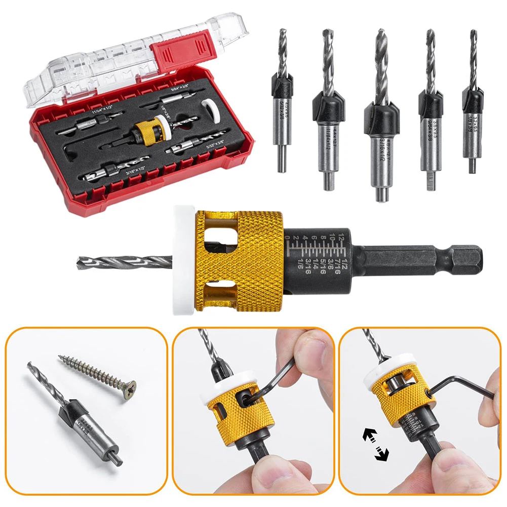 

5pc Conical Drill Bits Carbide Spiral Chip Flutes Countersink Drill Bit With Adjustable Depth Stop For Wood Plastic Fast Cutting