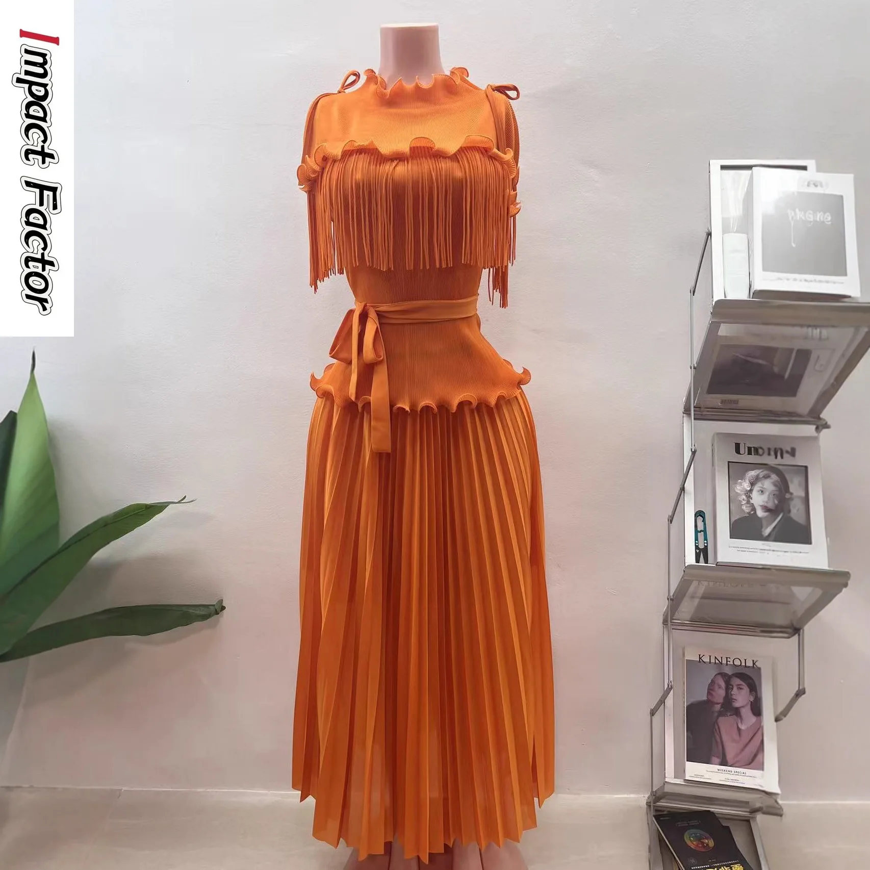 

Длинный плиссированный костюм Miyake Fungus Edge с бахромой на талии, весенне-летний новый легкий роскошный женский комплект из двух предметов