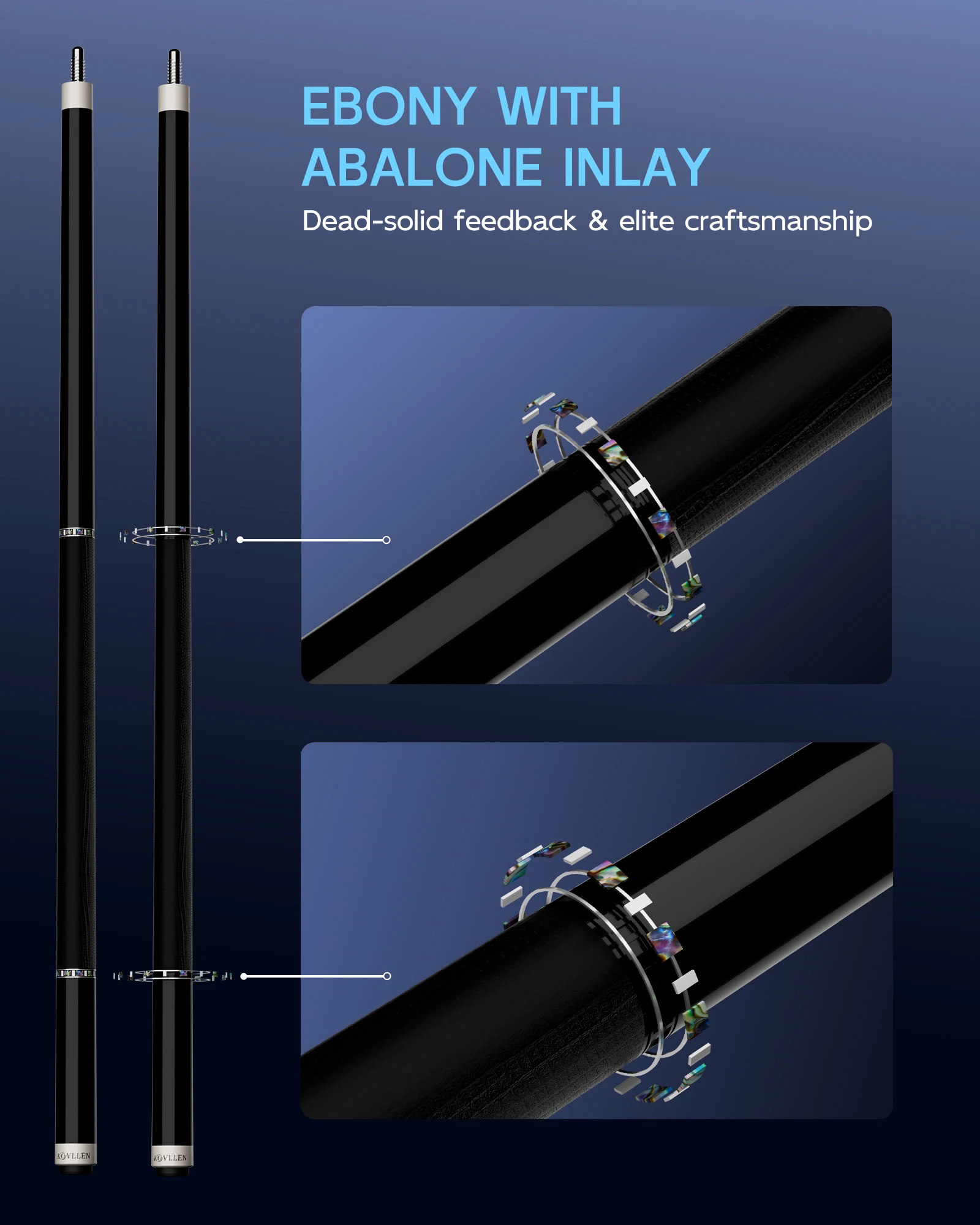 KONLLEN Carbon Fiber Pool Cue, Low Deflection Shaft with Pro Taper Shaft, Ebony Inlay Design, Billiard Cue 12.5mm / 11.8mm Tip