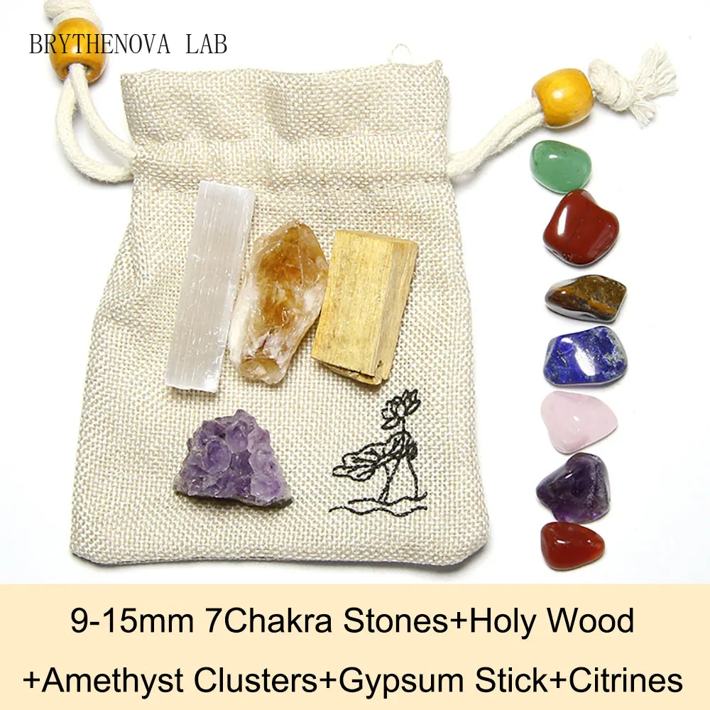 7 Chakra Balancing Healing Energy Kit Crystal Polished Stone Amethyst Gypsum Clusters Stick Citrines Holy Wood Gift Set with Bag