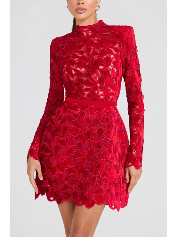 

Fashion Long Sleeve Hollow Out Simple Mini Dresses Women Spring Autumn O Neck Patchwork Solid Party Dress Casual Ladies Dress