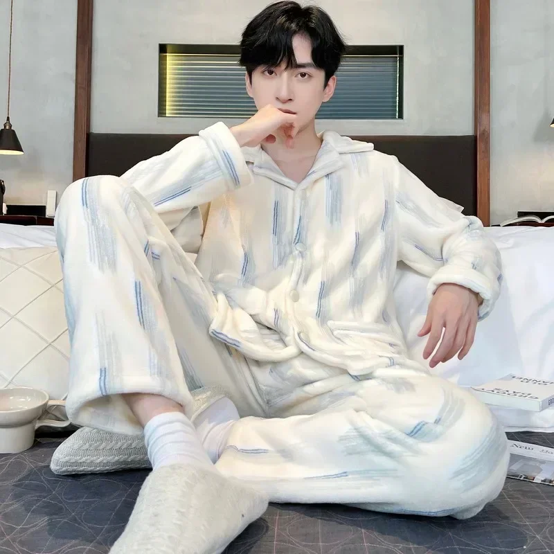 

2025 Новый зимний теплый пижамный комплект, мужское фланелевое пальто + длинные брюки, повседневная домашняя одежда, мужская одежда, комплекты из 2 предметов, удобная одежда для отдыха