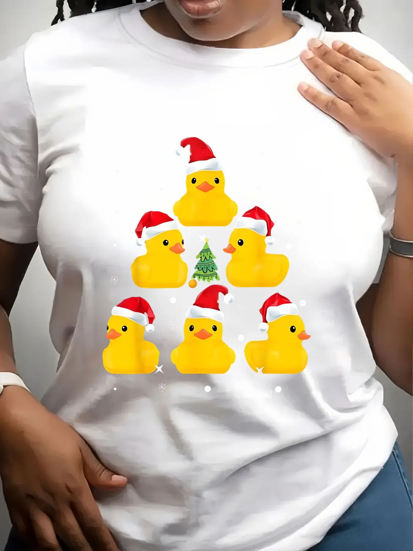 Women's Trendy Crew Neck T-Shirt Christmas Ducks Pyramid Pattern Print Suitable for Casual Sportswear