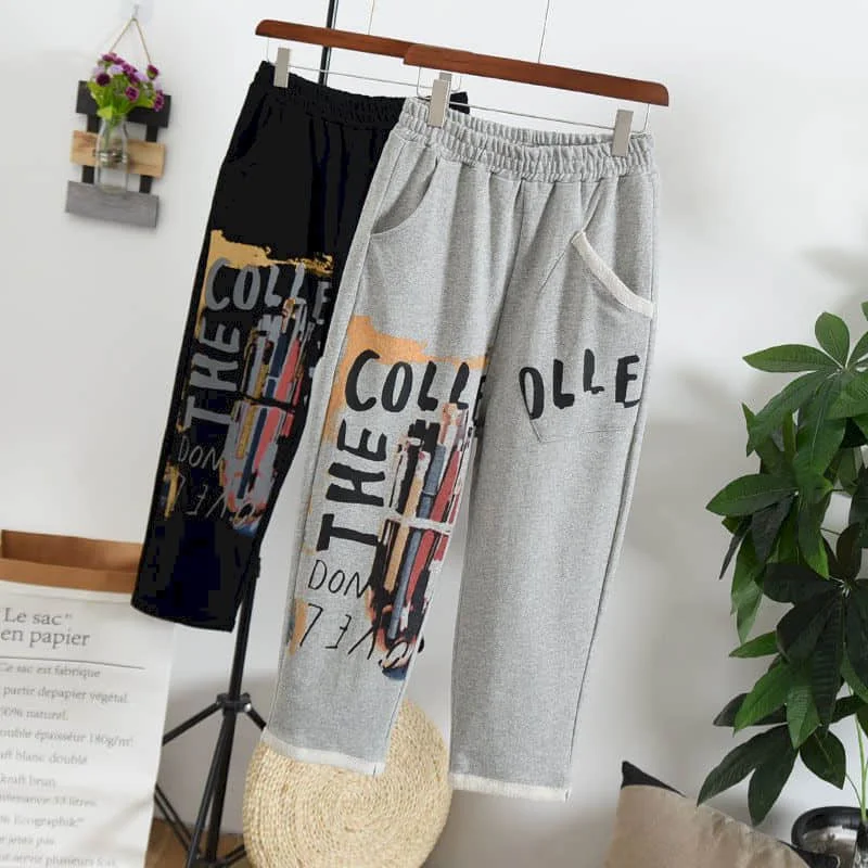 

Cargo Pants Women Blended Fabric Harajuku Printed Trousers Korean Style Casual Elastic Waist Streetwear Clothing Harem Pants
