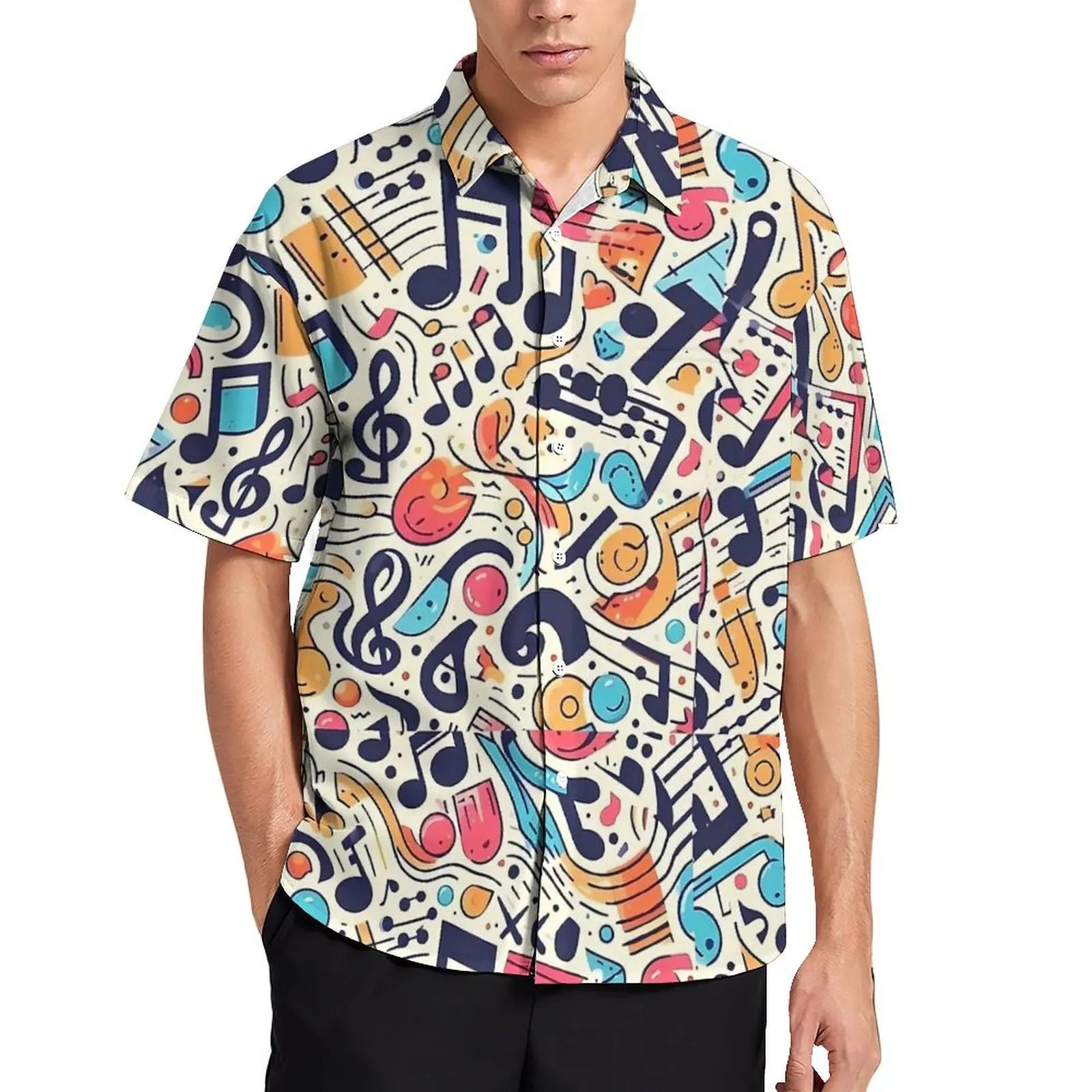 

Hawaii Shirt Beach Music Note Colour Style Blouses Trendy Casual Shirts Male Short-Sleeved Y2K Street Oversized Tops