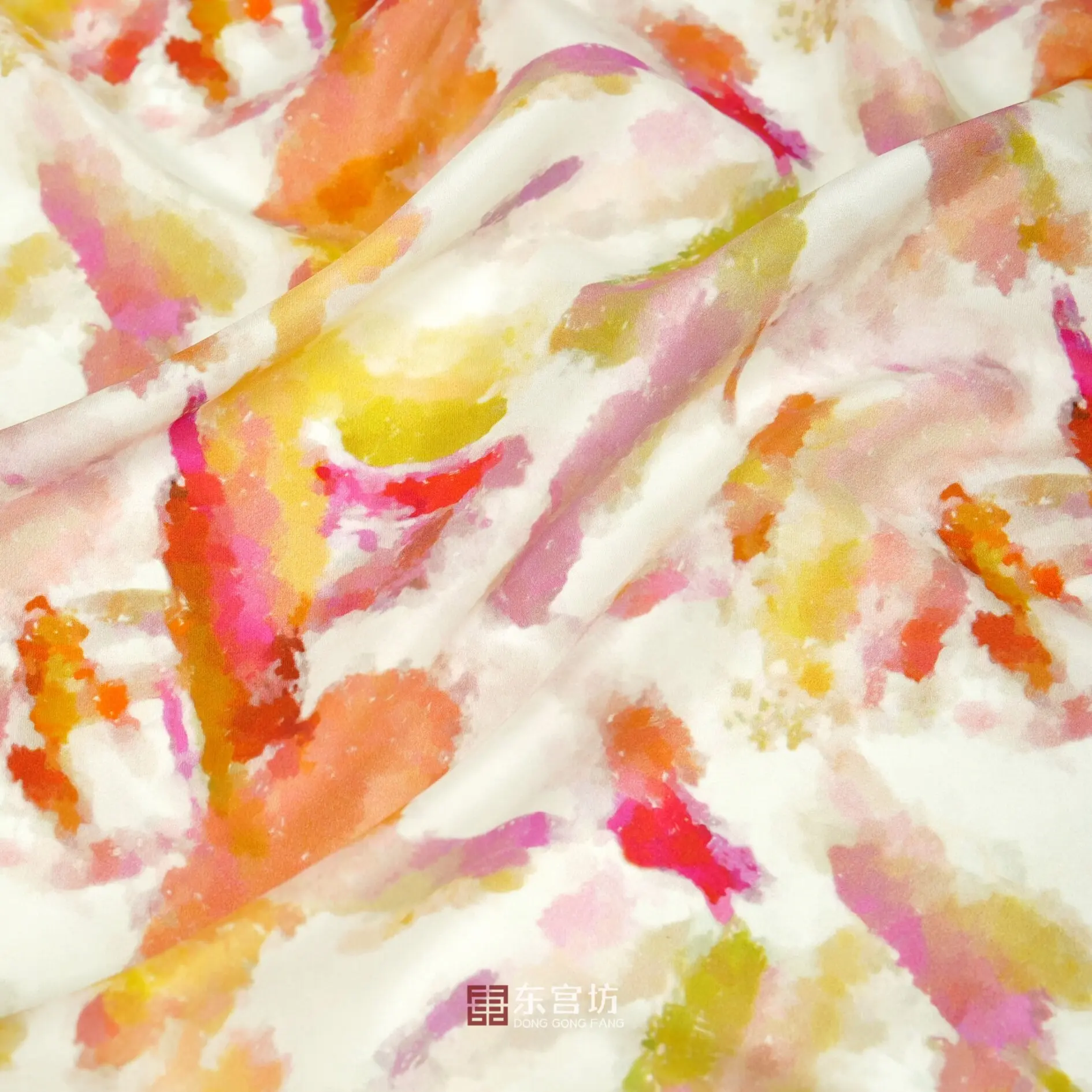 Spring and Summer Pink Orange Yellow Green Abstract Flower Print Silk Crepe De Chine Silk Fabric Cheongsam Hanfu Clothing Fabric