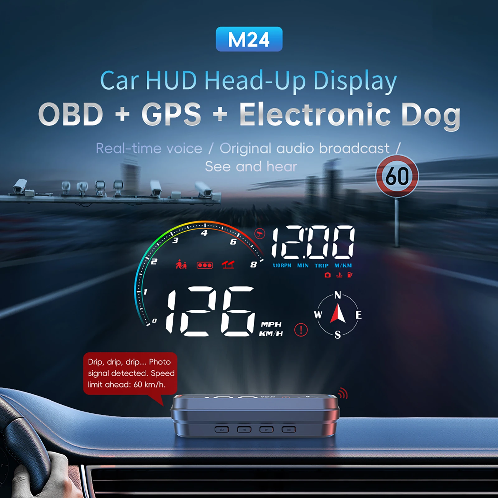 For Universal Car M24 HUD OBD2+GPS+Electronic Dog Speedometer Auto Meter Head up Display Boost Gauge etc. With multi-alarms