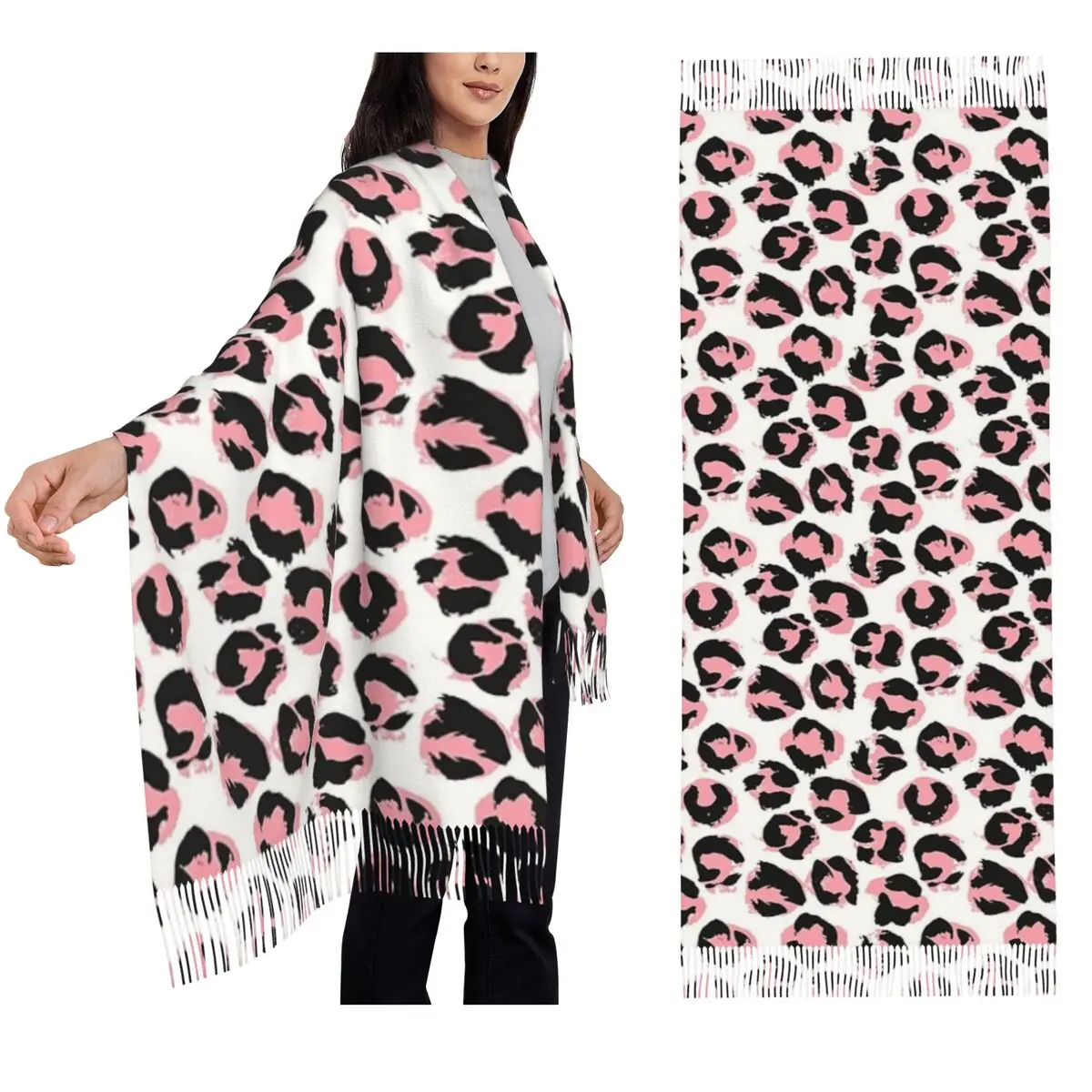 Pink Leopard Scarf Tassel Scarves for Women Soft Warm Shawls and Wraps Long Fall Winter Shawl Wrap