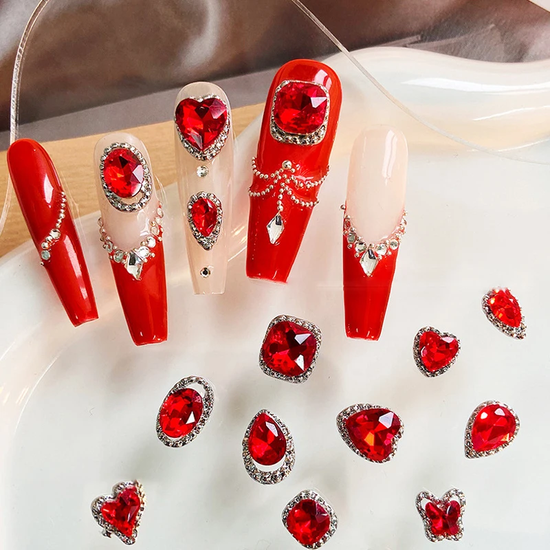 10 pçs decoração de unhas de ano novo vermelho manicure diamante brilhante strass estilos diferentes charme de unhas cristal diy