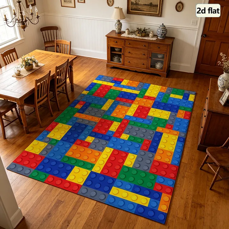 1 piece of colorful lego brick rug, soft, all seasons, easy to clean, great for living room, bedroom, hallway decor, autumn, winter