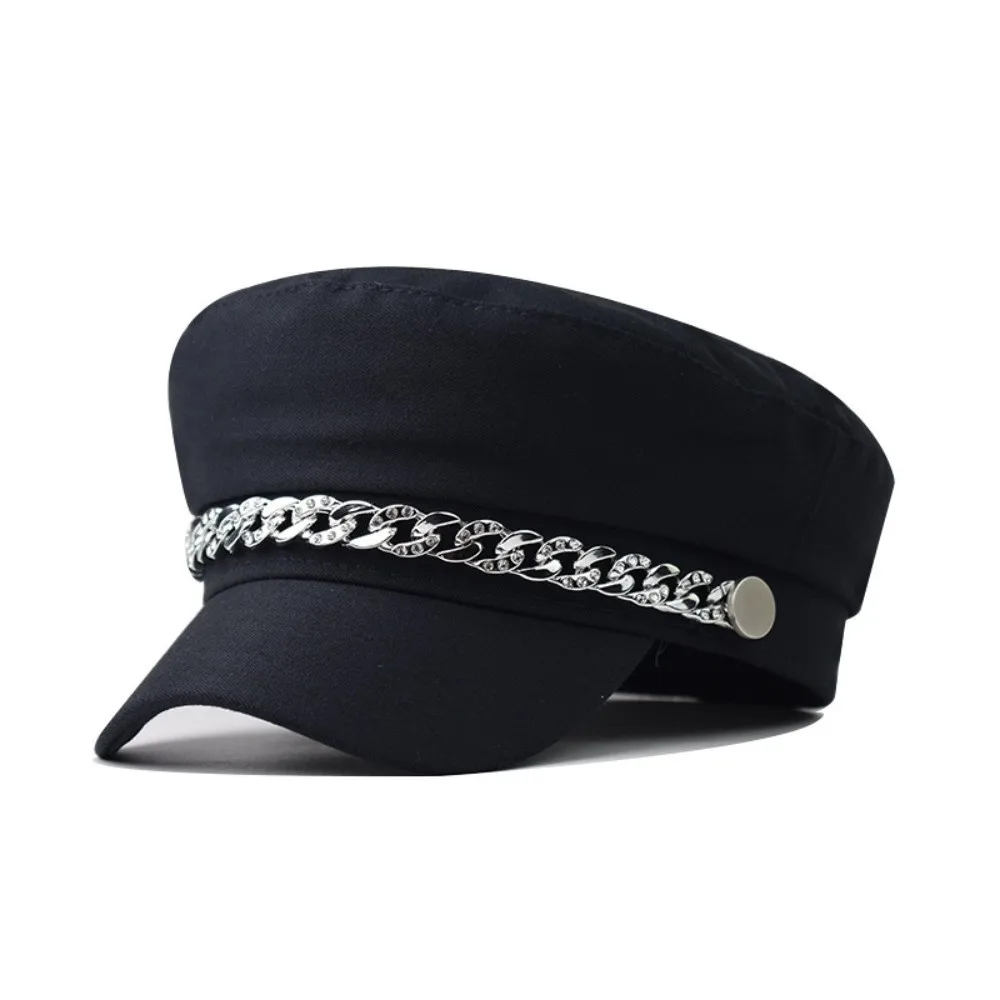 Fashion Rhinestone Chain Decor Newsboy Cap Short Brim Flat Top Beret Hat Vintage Twill Fabric Flat Top Cap For Women