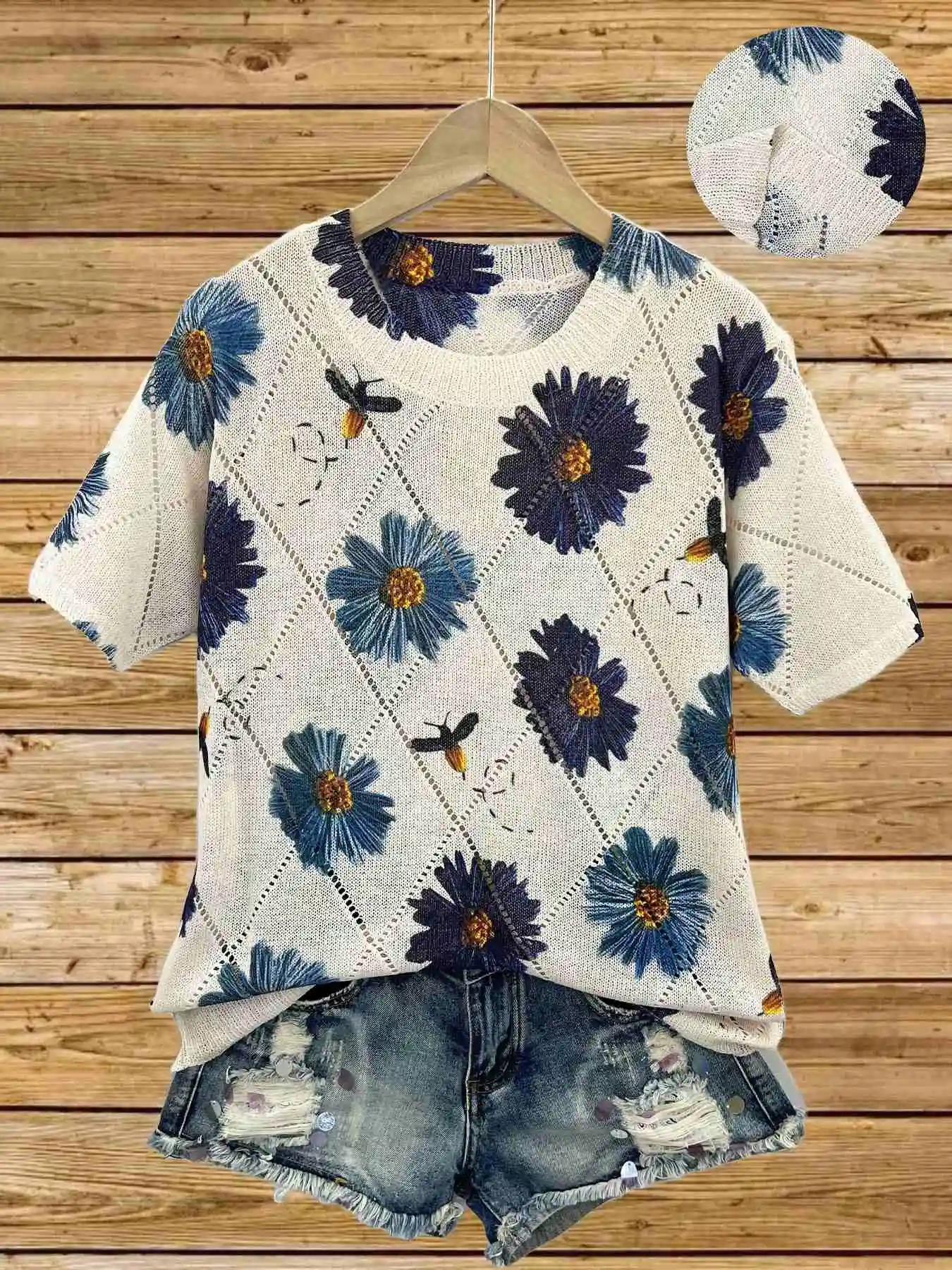 

Spring and summer fashion new style elegant and versatile V-neck short-sleeve lace-up women's top flower pattern flat digital pr