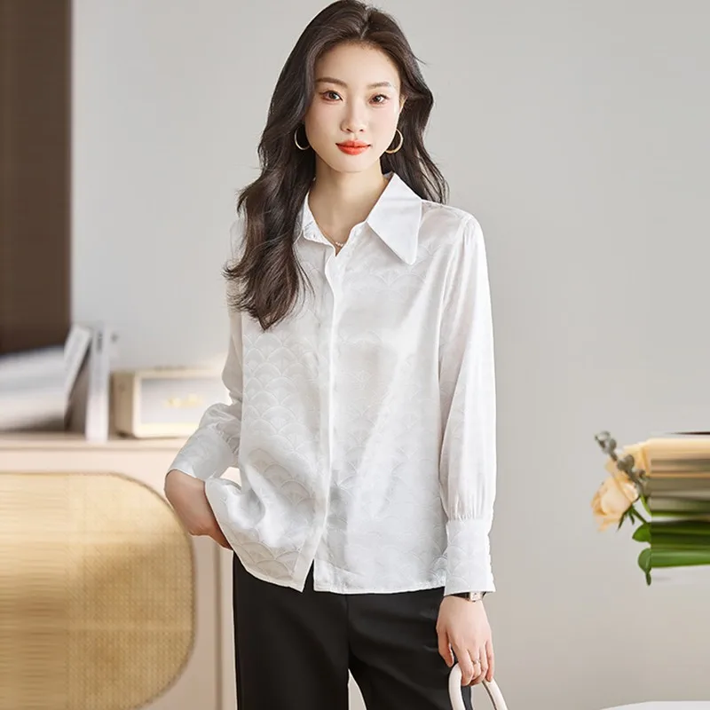 Office Lady Lange Mouwen Elegant Shirt Nieuwkomer 2024 Lente Koreaanse Stijl Turn-Down Kraag Basics Vrouwen Casual Witte Tops W1527