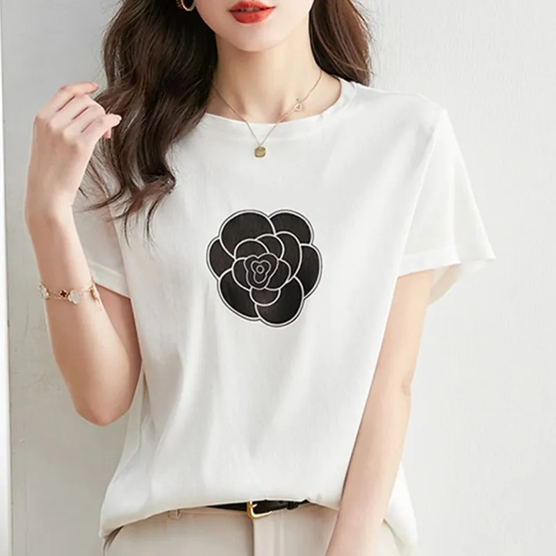 Summer New Women's Round Neck Short Sleeve Fashion Camellia Front Silk Back Cotton Knitted Casual T-Shirt Top