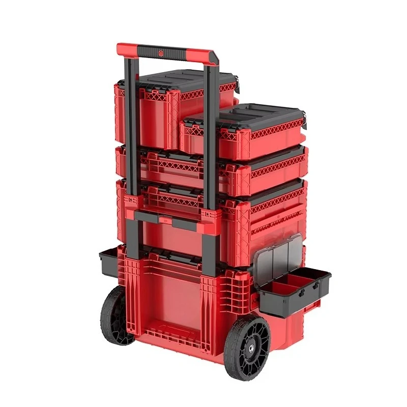 2025 Hot Sale  New Design Pull Rod Type Stackable Storage Toolbox with Wheeled Equipment Plastic Push-pull Toolbox Set
