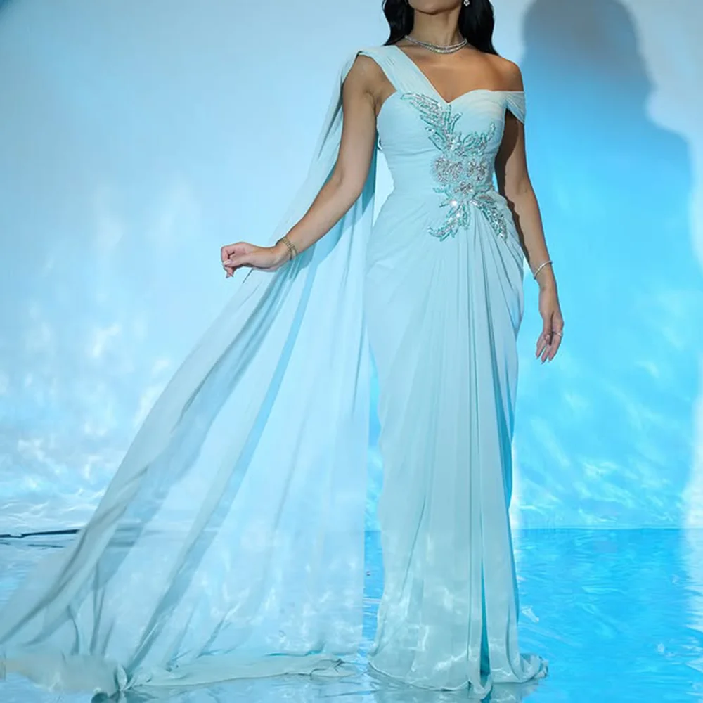 Maßgeschneiderte One-Shoulder-Ausschnitt-Meerjungfrau-Abendkleider mit Falten, Pailletten, Spitze, drapiert, langes Abendkleid, rückenfreies Chiffon-Partykleid