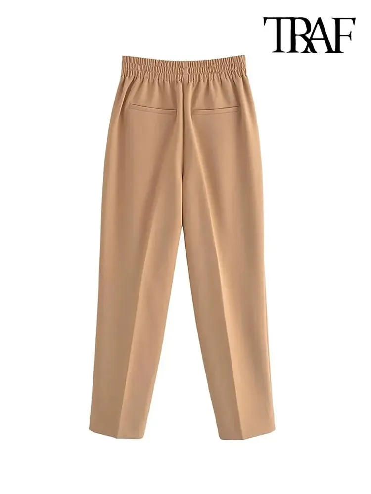 TRAF Women\'s Gold Button Pleated Trousers Elasticated Waistband Ankle Trousers Vintage High Waist Slim Straight Leg Pants