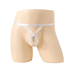 String en dentelle pour hommes, culotte sans entrejambe à bout ouvert, sous-vêtements Jockstrap perlés, slips creux Sissy, 7.0 Lingeri