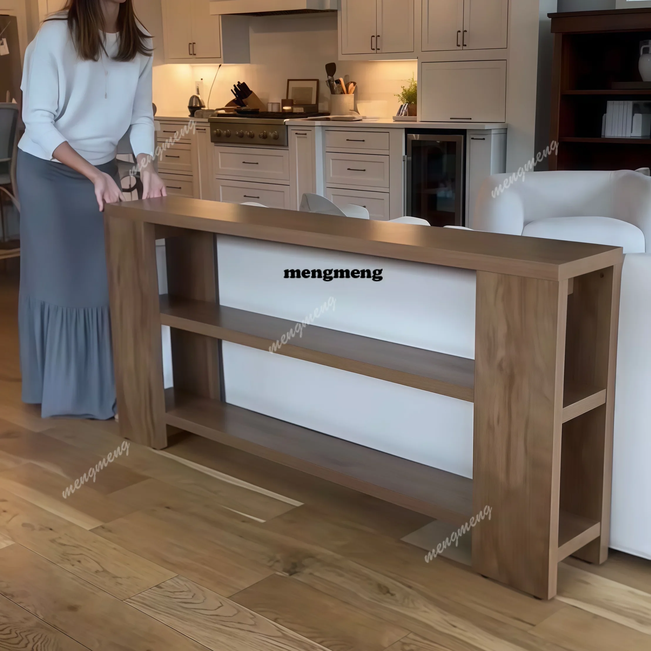 New arrive French style wooden entrance table, long strip multi-layer shelf, log color display cabinet, solid wood sofa back few